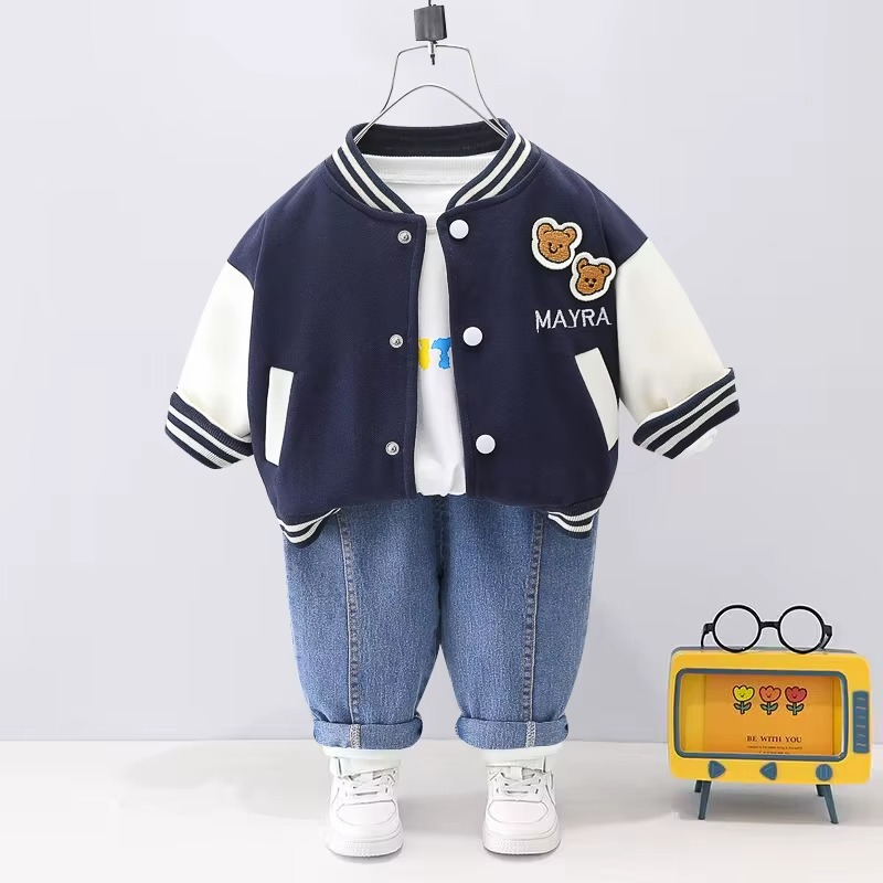 Children's fashion: unisex 3-piece set with a cozy bear jacket, white t-shirt, and comfortable trousers.