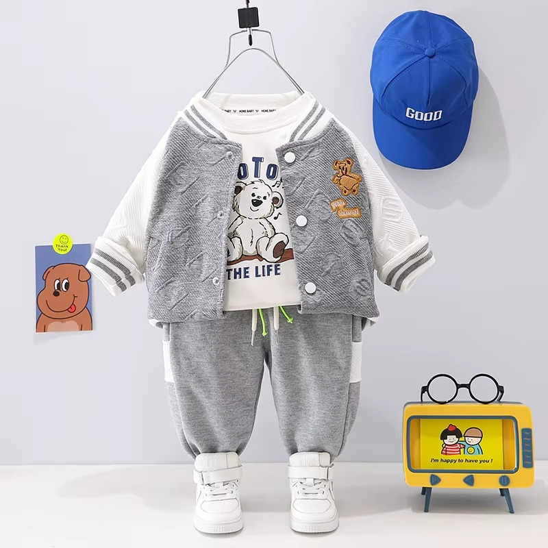 3-piece toddler outfit: stylish bear baseball jacket, simple white tee, and versatile black pants.