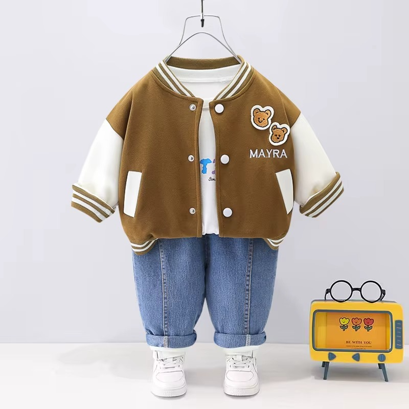Playful children's wear: bear print jacket, white t-shirt, and black pants set for boys or girls.