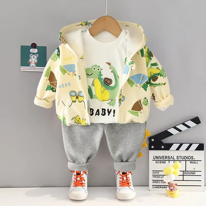 Cozy 3-piece set for kids: bear baseball jacket, plain tee, and black trousers, ideal for winter.