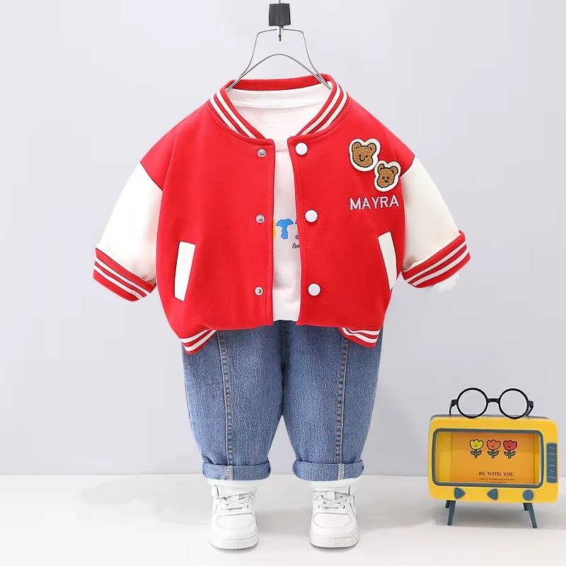 Toddler fashion: unisex 3-piece outfit; bear jacket, white t-shirt, black pants; comfortable playwear.