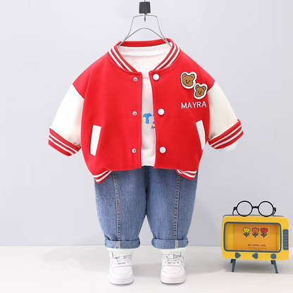 Toddler fashion: unisex 3-piece outfit; bear jacket, white t-shirt, black pants; comfortable playwear.