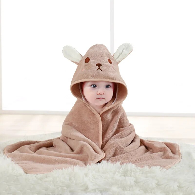 Baby and toddler animal print hooded towel, highly absorbent and comfortable for kids post-bath.