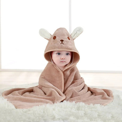 Baby and toddler animal print hooded towel, highly absorbent and comfortable for kids post-bath.