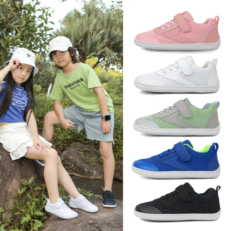 Toddler barefoot flexible sneakers with easy-on hook-and-loop closure, practical and stylish.