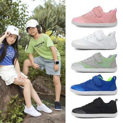 Toddler barefoot flexible sneakers with easy-on hook-and-loop closure, practical and stylish.