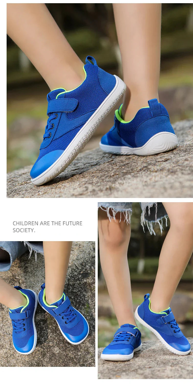 Close-up of the flexible rubber sole on unisex kids' barefoot sneakers, showing grip.