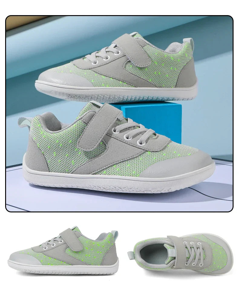 Kids' flexible lightweight sneakers in a fun green, ideal for active youth outdoor play.
