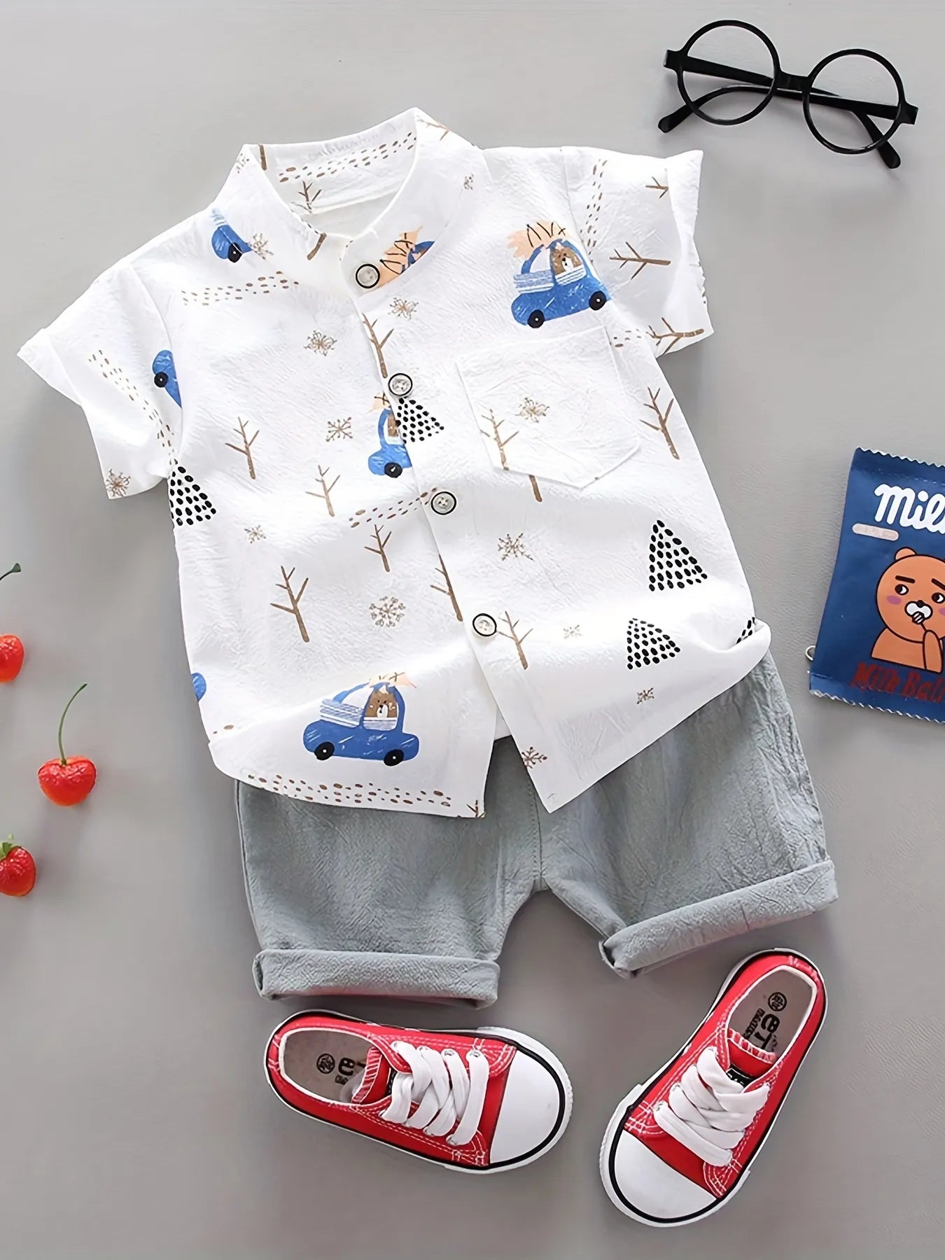 Unisex kids bear print short sleeve top and shorts cotton play set for toddlers
