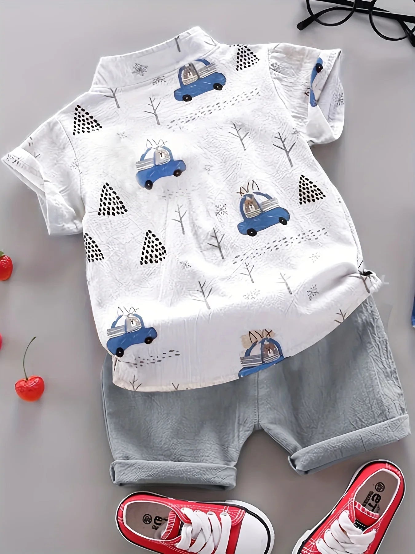 Cute baby bear print casual play set for infants, comfortable cotton summer outfit