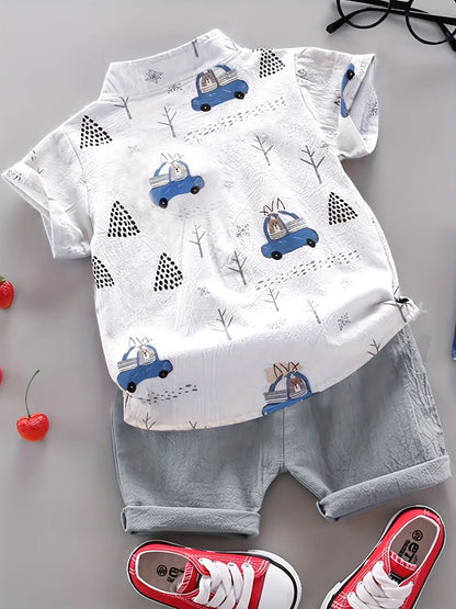 Cute baby bear print casual play set for infants, comfortable cotton summer outfit
