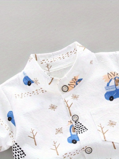 Toddler unisex bear print poplin fabric short sleeve and shorts set for playwear