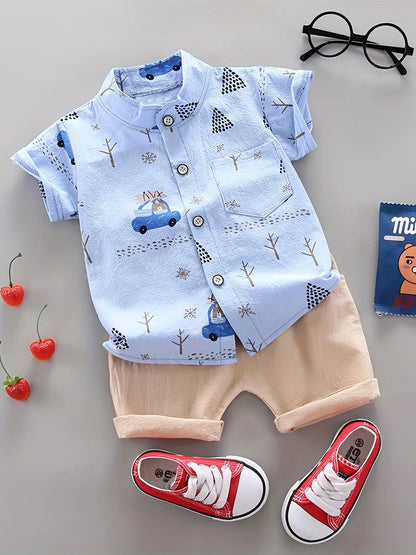 Unisex baby clothes with bear print design, casual cotton two-piece play set