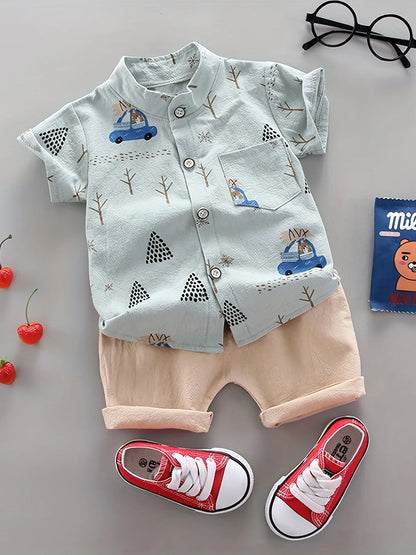 Comfortable infant apparel: Bear print short sleeve and shorts set for kids play