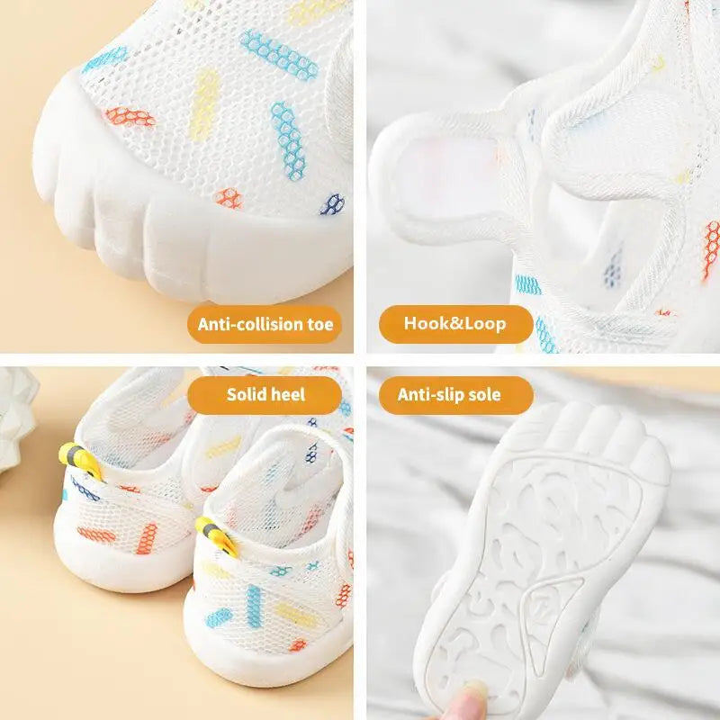 Close-up of kids' summer sandals with breathable mesh, ideal for comfort and cool feet.