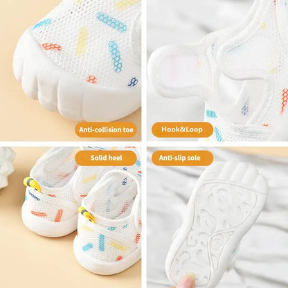 Close-up of kids' summer sandals with breathable mesh, ideal for comfort and cool feet.