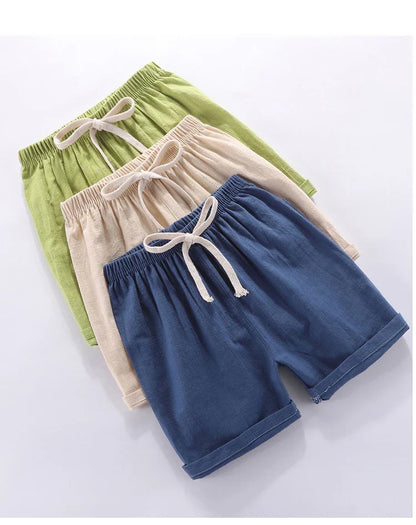 Unisex kids candy pink high-waisted cotton linen summer shorts, elastic waist playwear