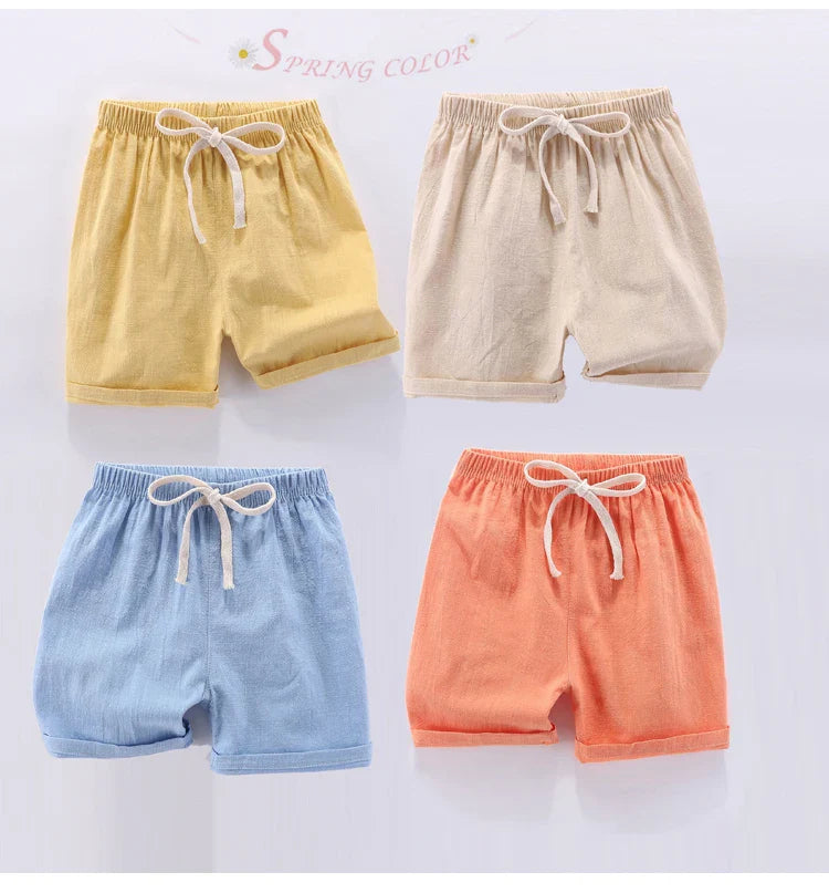 Candy purple unisex kids cotton linen warm weather shorts, elastic waist playwear
