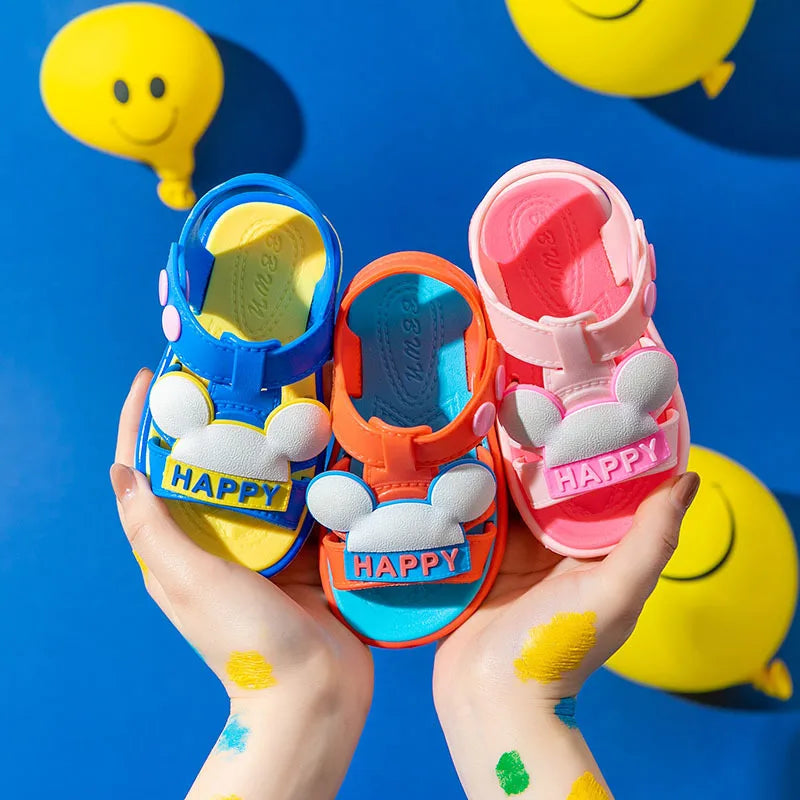 Unisex baby cartoon sandals, anti-slip bright yellow kids summer shoes for play