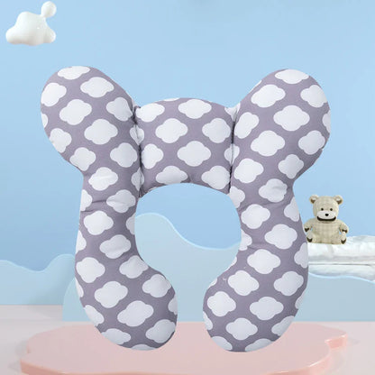 Soft U-shaped toddler pillow with cartoon animal, providing ergonomic neck support for travel