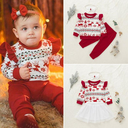 Adorable unisex kids' Christmas top featuring a cute reindeer graphic, part of a festive outfit set.