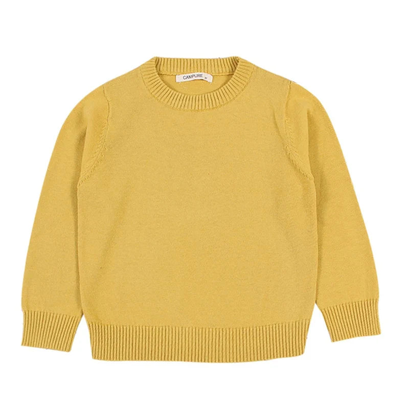 Back view of a child in a unisex chunky cable knit o-neck pullover