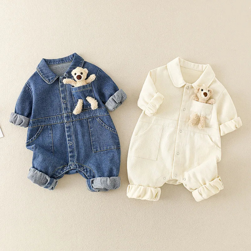 Unisex kids' comfortable denim jumpsuit, front view, perfect for spring/autumn wear, durable baby clothing.