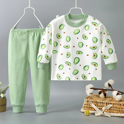 Unisex kids' cotton cartoon pajama set, long sleeve top and pants for spring autumn comfort
