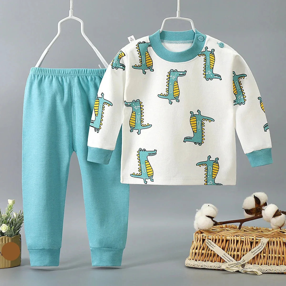 Unisex infant sleepwear: cotton cartoon pajamas with elastic waist pants, autumn wear