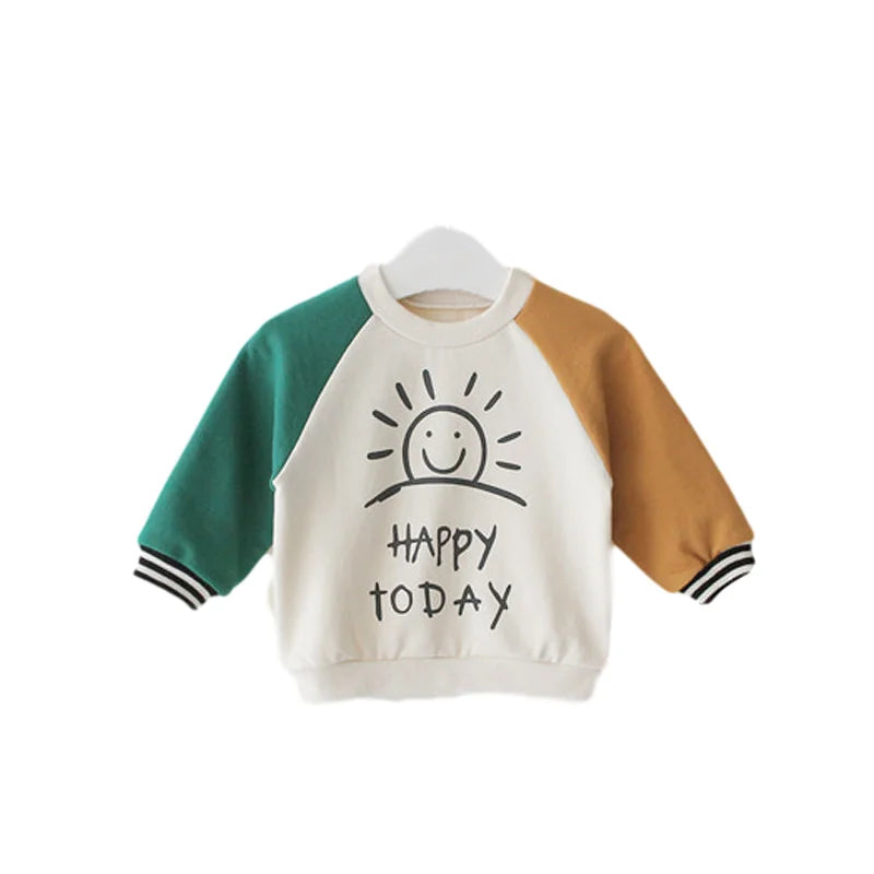 Unisex kids' cotton long sleeve t-shirt with playful lettering print, perfect for spring/autumn baby fashion.