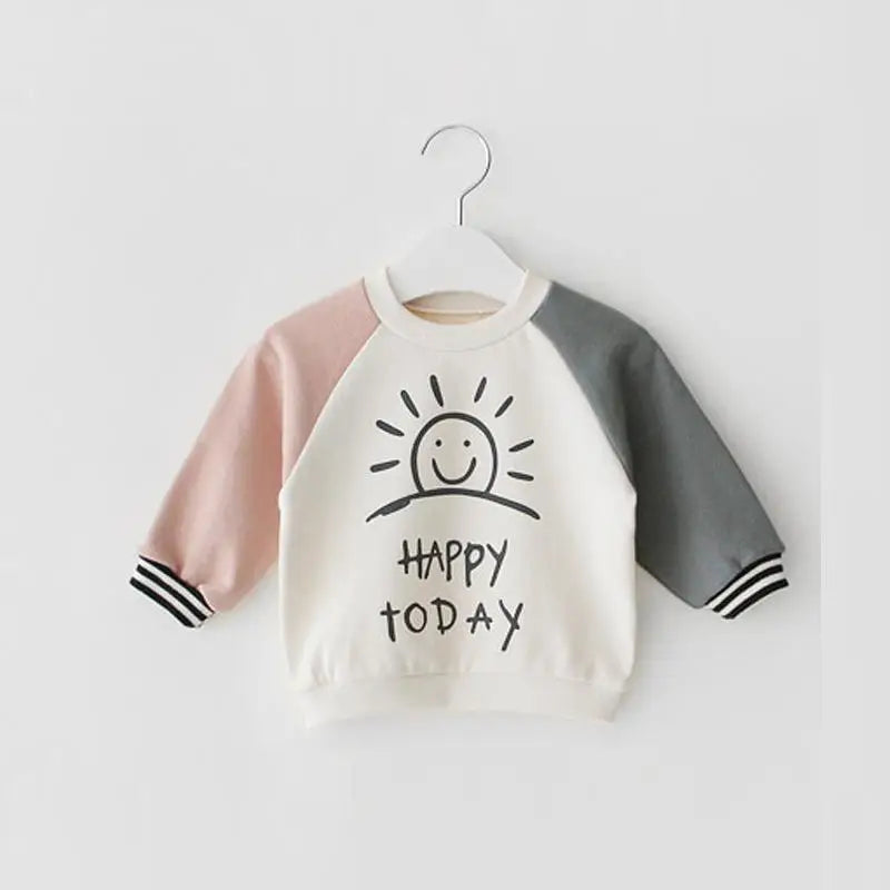 Kids' cotton long sleeve tee, 'Happy Camper' lettering print, soft and breathable for children's comfort.