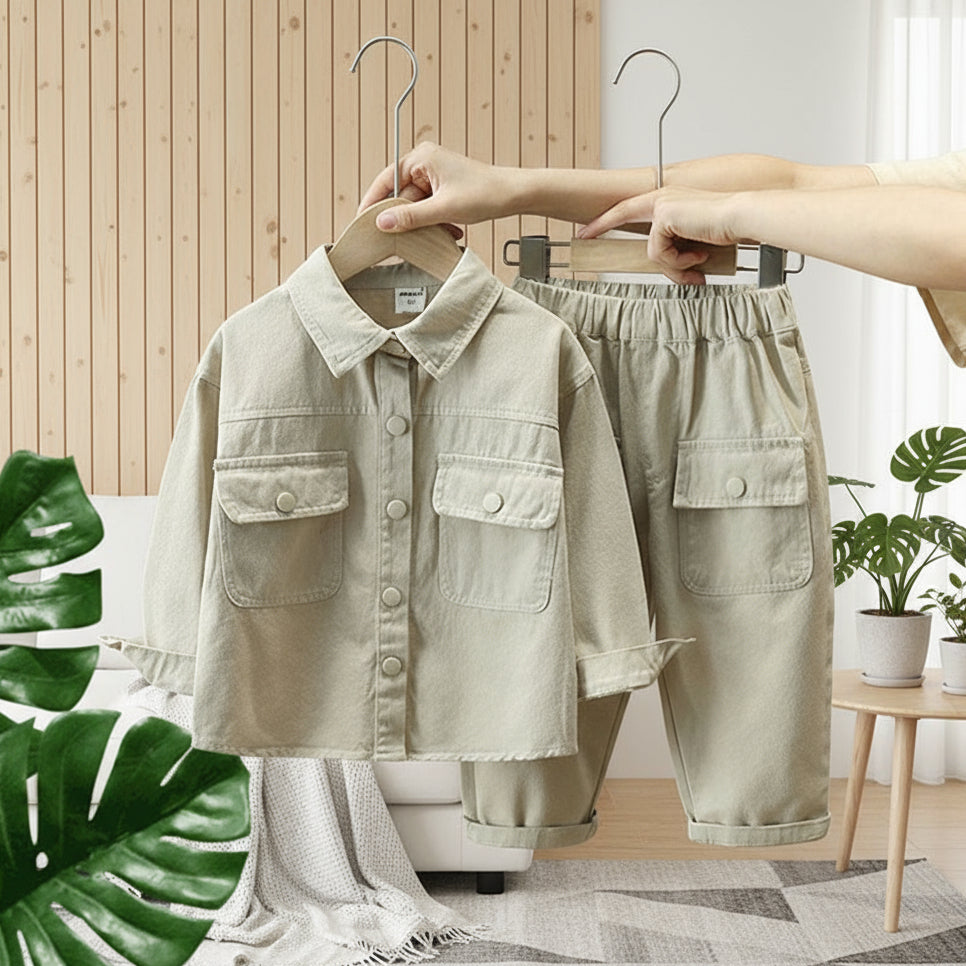 Unisex children's breathable cotton outfit, a versatile long-sleeve top and pant combo for spring/autumn.
