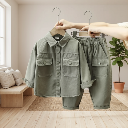 Soft cotton two-piece set for kids, featuring a simple top and matching pants, perfect for everyday adventures.