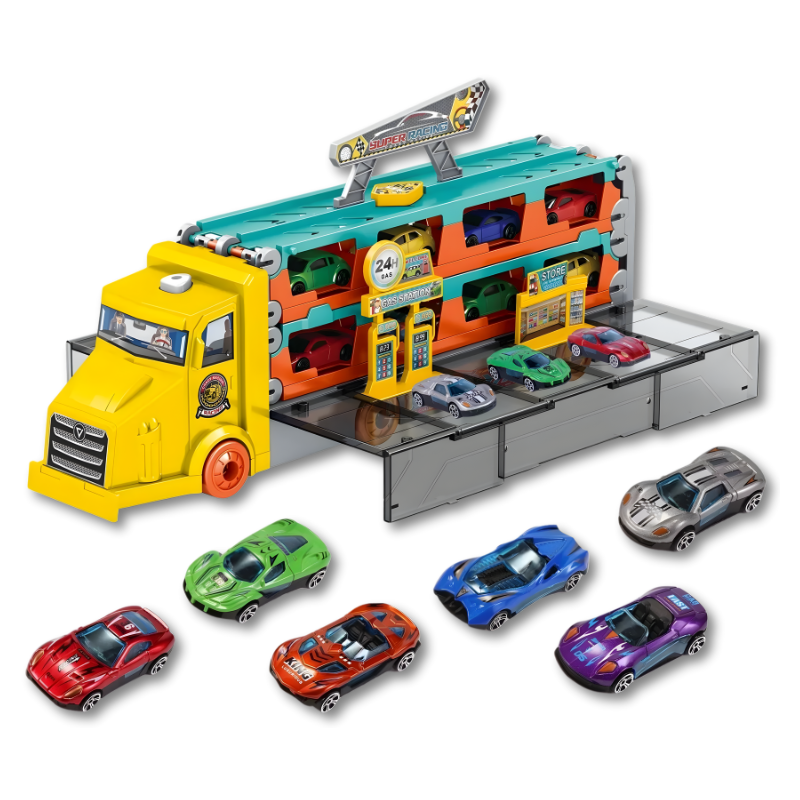 Green dinosaur head truck toy with a detachable trailer, carrying small cars for endless kids' adventures.