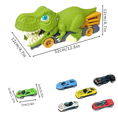 Dinosaur transport truck toy set for kids, includes six colorful mini dino cars, great gift for ages 3+