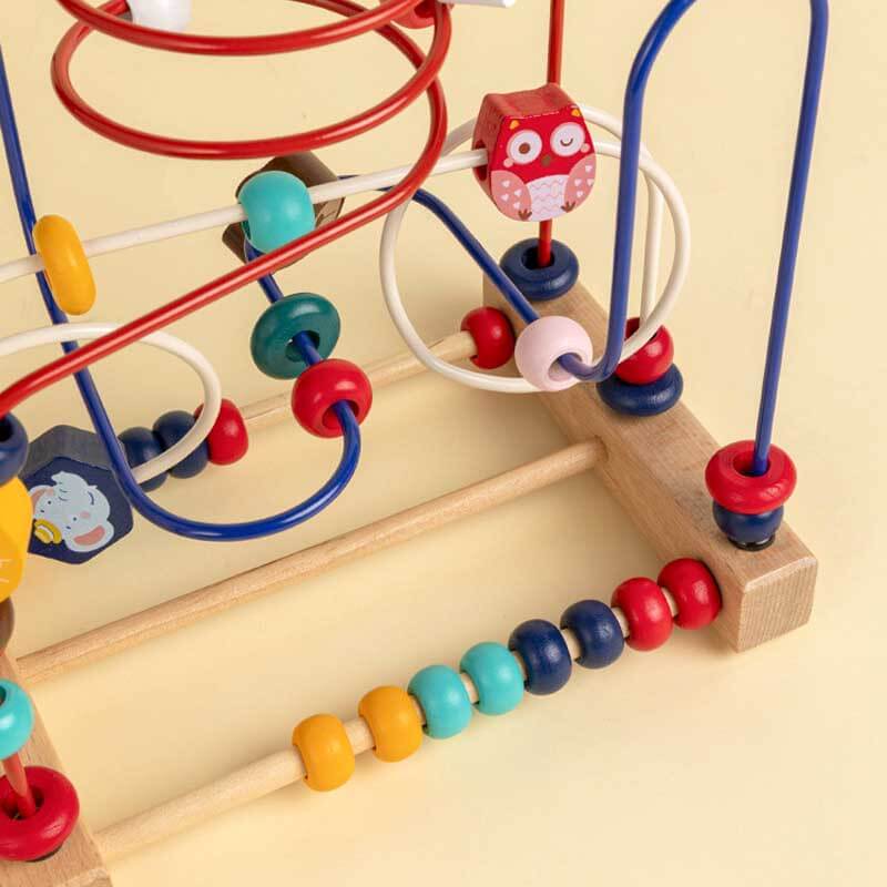 Close-up of a wooden bead maze puzzle, perfect educational toy for toddlers' development
