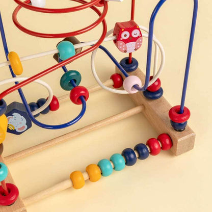 Close-up of a wooden bead maze puzzle, perfect educational toy for toddlers' development