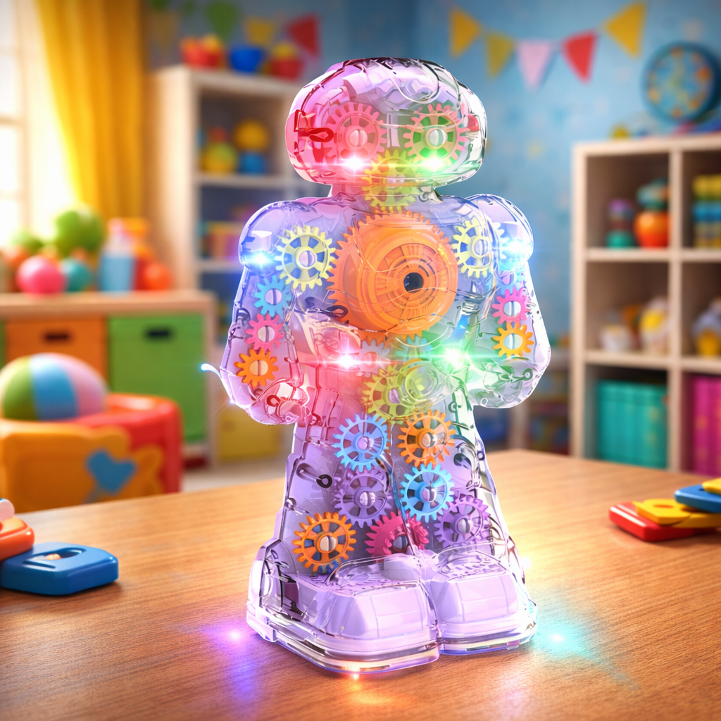 Unisex kids electric gear robot toy, colorful with visible moving gears, lights, and sounds for sensory play.
