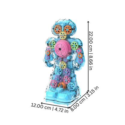 Toddler electric robot toy displaying intricate gears, flashing lights and emitting sounds, an educational toy.