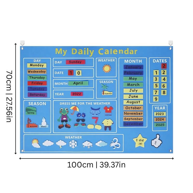 Felt interactive learning calendar for kids, showing days, months, and weather, promoting early development