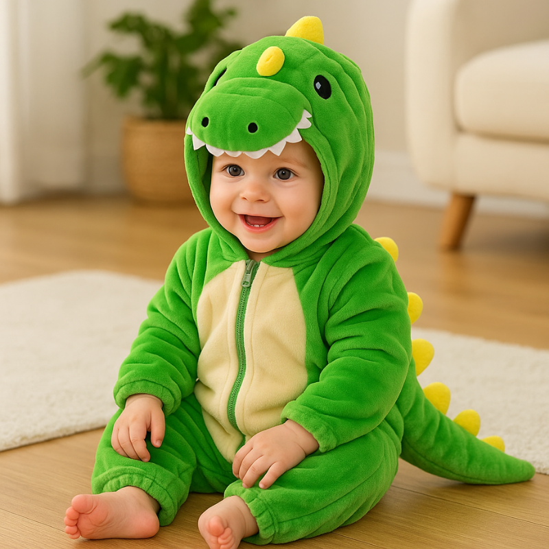 Unisex kids fleece dinosaur jumpsuit, green with spikes, cozy baby clothing for toddlers