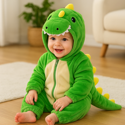 Unisex kids fleece dinosaur jumpsuit, green with spikes, cozy baby clothing for toddlers