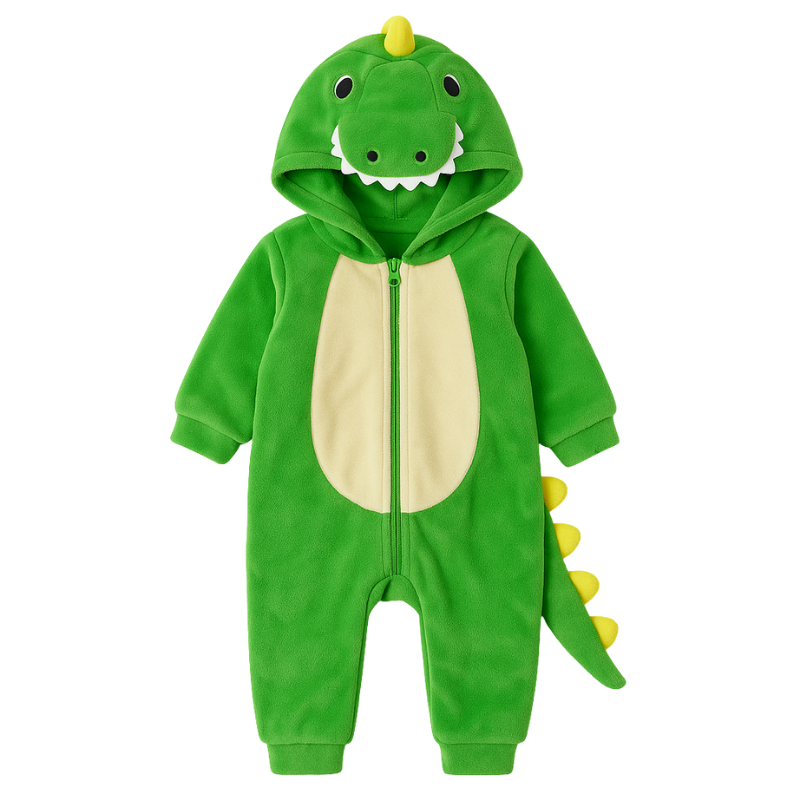 Close-up of soft unisex kids fleece dinosaur jumpsuit, orange fabric, cute cozy wear outfit