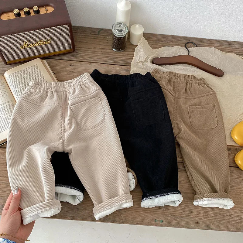Kids winter clothing: unisex corduroy pants with plush fleece lining for warmth