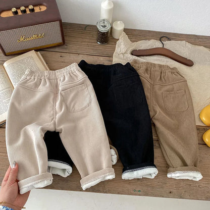 Kids winter clothing: unisex corduroy pants with plush fleece lining for warmth