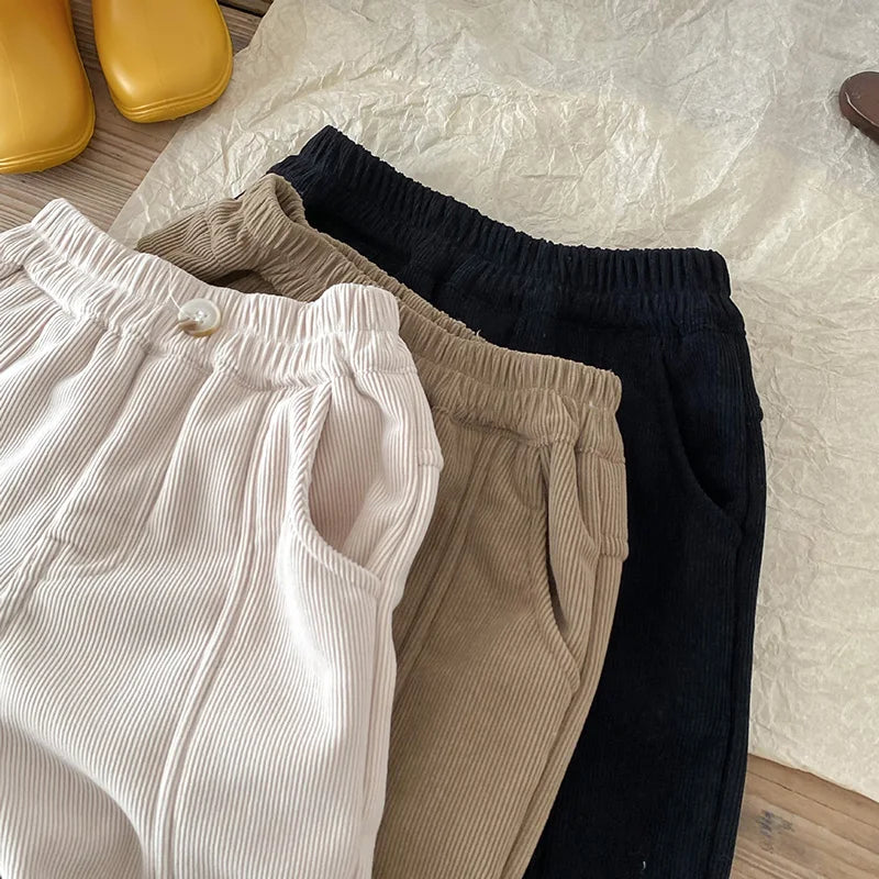Warm winter fleece-lined corduroy pants for unisex kids, comfortable and practical