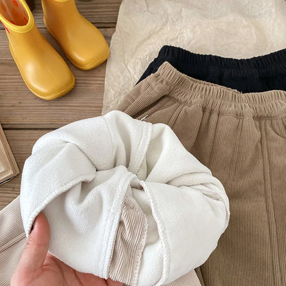 Fleece-lined corduroy pants for children, unisex design, ideal for cold weather