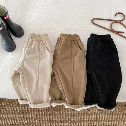 Elastic waist detail on unisex toddler fleece-lined corduroy winter trousers