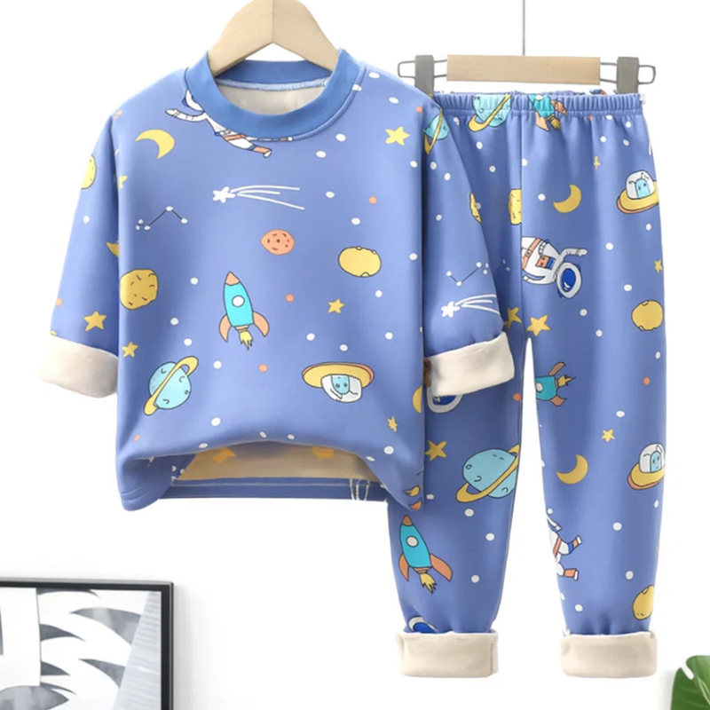 Unisex kids fleece thermal pajamas set with cute cartoon print for warm winter lounge wear