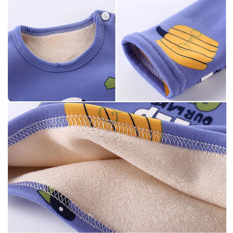 Toddler cartoon print fleece pajamas, a cozy and warm thermal set for boys and girls